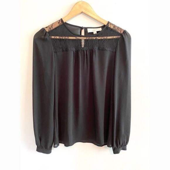 LOFT Black Long Sleeve Lace Yoke Long Sleeve Popover Blouse - Picture 2 of 9